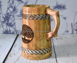 Indian Viking Style Polished Natural Hardwood 22 OZ Beer Mug SANIYA HANDICRAFT Handmade Customizable Size Logo Business Gift for - Product Image 1