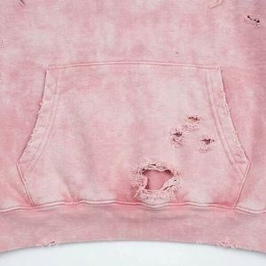 <b>Pink</b> Oversized Crop <b>Hoodie</b> Tie-Dye Cotton French Terry Unisex Pullover With Pocket And Distressed Details Autumn Style - Product Image 3
