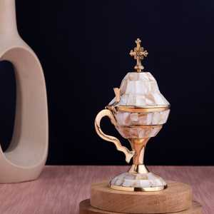 Quemador de Incienso Metálico Hecho a Mano con Incrustaciones de Mármol, Incensario Decorativo para Uso Religioso, Difusor de Aromaterapia Estilo Árabe - Product Image 1