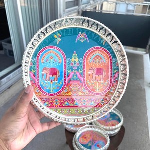 Handcrafted <b>Elephant</b> Palace German Silver <b>Decorative</b> Tray Handmade Iron Round Serving Tray Luxury Rajasthani Art Display Platter - Product Image 1