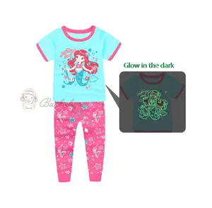 little mermaid summer short sleeves high quality pure cotton kids pajamas glow in the dark kid pyjamas
