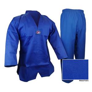 Uniforme de karaté bleu 100% coton pour adulte unisexe, vêtement d'arts martiaux durable, coupe ample, taille élastique, 140g, ceinture blanche, logo au dos et au cou - Product Image 3