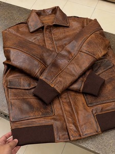 Blouson aviateur en cuir véritable marron pour homme, col rabattu, fermeture éclair, style décontracté automne, coupe classique - Product Image 5