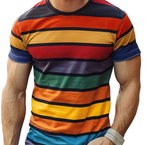 T-shirt à manches courtes pour homme, coupe classique, col rond, motif rayé, couleurs contrastées, respirant, tricoté, 100% coton, noir, rouge, bleu - Product Image 4