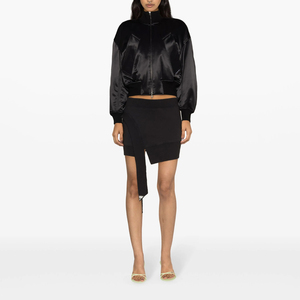 Black Satin Bomber <b>Jacket</b> With Stand Collar And Zipper Closure For Autumn Casual Wear - Product Image 2