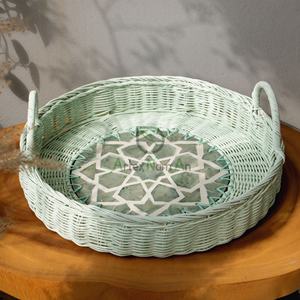 Bandeja de mimbre redonda moderna con forma de perla madre para uso doméstico, mesa de centro con incrustaciones, bandeja para servir frutas, organizador de tocador, caja de cartón - Product Image 1