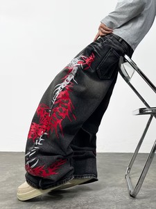 <b>Mens</b> Regular Fit Wide Leg Solid Spring Y2K Gothic Dragon Graphic <b>Printed</b> Washed Black Denim <b>Jeans</b> Streetwear Trousers - Product Image 5