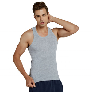 Camiseta sin mangas de punto con cuello redondo de color gris liso para hombre, ropa informal, camiseta deportiva de algodón acanalado personalizada para hombre - Product Image 1