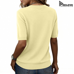 OEM Wholesale Fine Knit <b>T</b>-<b>Shirt</b> Custom Logo, Plain <b>Cream</b> Yellow Crew Neck Women Top Summer Casual Clothing, Any Colour - Product Image 3