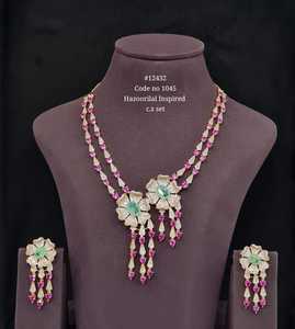 Ensemble collier et boucles d'oreilles fleur bleu rose 12432, collier floral long ton Carat pour femme, bijoux pour mariage et soirée - Product Image 6