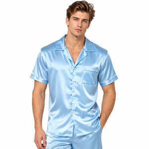 Chemise en satin de soie pour homme Regal Three LLC, manches courtes, col rabattu, boutonnée, coupe confortable, vêtement de nuit, haut boutonné - Product Image 2