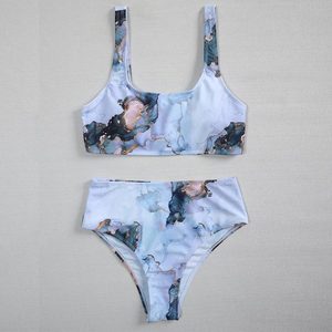 Conjunto de bikini con estampado floral para mujer, top tipo bandeau, parte inferior de cintura alta, traje de baño elástico - Product Image 6