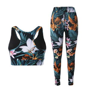 Women's Floral <b>Pink</b> Cockatoo Yoga Set Racerback Sports Bra High Waist <b>Leggings</b> 2 Piece Workout Activewear Spandex Polyester - Product Image 4