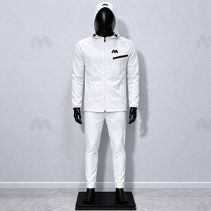 Men <b>White</b> Hooded <b>Tracksuit</b> Full Zipper Sporty Style Breathable Polyester Solid Color With Side Pockets Regular Fit Spring Wear - Product Image 1