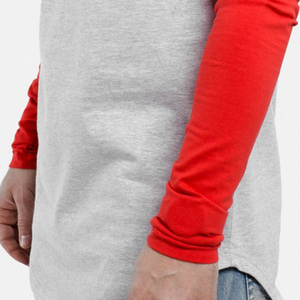 <b>Men's</b> Long Sleeve O-Neck Blank Casual Solid Red Gray Contrast Trim Front Logo Breathable Cotton/Bamboo Fiber <b>T</b>-<b>Shirt</b> - Product Image 5