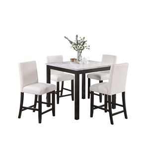 Modern 5pc Counter Height <b>Dining</b> Set Faux Marble <b>Top</b> Kitchen Dinette <b>Table</b> with 4 High Chairs White Faux Leather Cushions Seats - Product Image 2