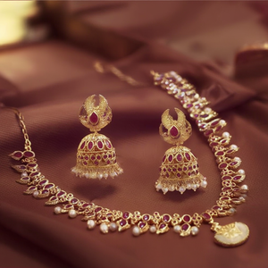 <b>Ruby</b> Short <b>Necklace</b> Set with Jhumki Earrings-18K Gold Plated Zircon Bridal Jewelry - Product Image 3