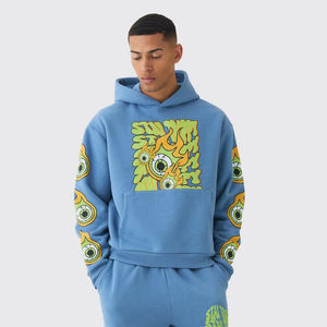 Ensemble de survêtement décontracté pour homme en coton/polyester bleu uni léger avec sweat à capuche et pantalon de jogging - Product Image 3