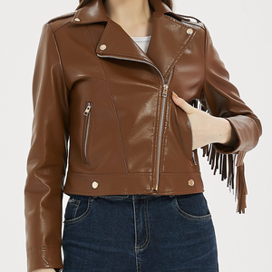 Veste de moto en cuir d'agneau véritable marron pour femme, fermeture éclair, col rabattu, veste en cuir tendance - Product Image 3