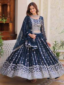 DESIGNER FAUX GEORGETTE EMBROIDERY SEQUENCE <b>WORK</b> LEHENGA CHOLI WITH DUPATTA AND WAIST <b>BELT</b> NAVY BLUE 75334 - Product Image 1