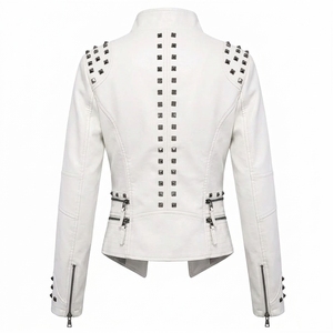 Women's White Faux <b>Leather</b> Studded Biker Jacket, Slim Fit Punk Rock Motorcycle Jacket with Asymmetric Zipper and <b>Rivet</b> Details - Product Image 2