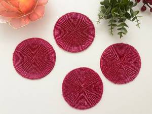 Pinkish Red Beaded Coasters: Handmade Drink Coaster Set - Product Image 2