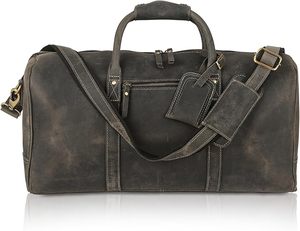 Unisex Leather Weekender Duffle Bag Large Capacity Zipper Closure Vintage Style Travel Bag <b>Soft</b> Handle - Product Image 4