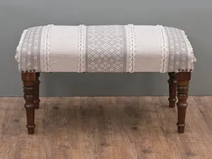 Handmade Wooden Bench with Handwoven Cotton Jute Seat Boho Farmhouse Upholstered Entryway Bench Ottoman for Home Decor - Product Image 5