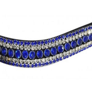 Bande de front de cheval en cuir de selle noir en forme de vague chaîne en métal de cristaux bleu royal à 5 rangées avec boutons-pression réglables extrémité de boucle - Product Image 6