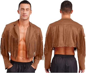 High Quality <b>Brown</b> Genuine <b>Leather</b> Fringe <b>Jacket</b> for <b>Men</b> Vintage Western Cowboy Tassel Coat Open Front Outerwear Regular Sleeve - Product Image 6