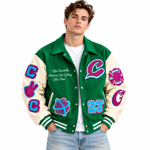 Veste de baseball unisexe verte pour homme avec empiècements aux manches, boutons-pression et col rabattable - Product Image 1