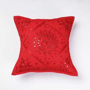 Red Hand Embroidered Mirrorwork Square Envelop Closure 100% Cotton <b>Cushion</b> <b>Cover</b> for Home & Hotel Use - Product Image 1