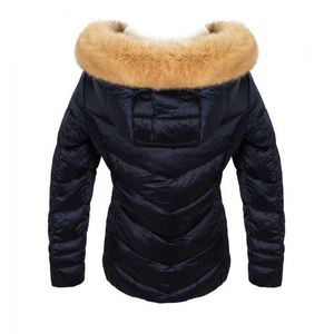 Navy Blue Hooded Puffer Jacket With Faux Fur Trim Windproof Down Filled Casual Winter <b>Coat</b> For Unisex Regular Fit Zipper Closure - Product Image 2
