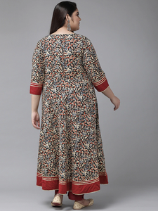 Kurti Anarkali en coton pour femmes grandes tailles avec imprimé floral multicolore, col rond et manches trois quarts - Product Image 2