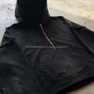 Le plus récent sweat à capuche zippé pour hommes brodé en détresse Boxy Fit lavage à l'acide surdimensionné soleil délavé demi-fermeture éclair manteau d'hiver - Product Image 5