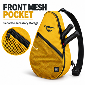 Sac de raquette de squash personnalisé jaune moutarde, forme goutte d'eau, poche avant en maille, bandoulière réglable pour le transport quotidien sur le terrain - Product Image 3