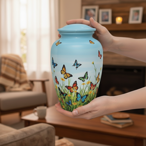 Urne funéraire papillon en métal haut de gamme, faite à la main, pour cendres d'adultes, avec couvercle sécurisé, pour services funéraires et commémoratifs, à prix abordable. Urnes et pots. - Product Image 4