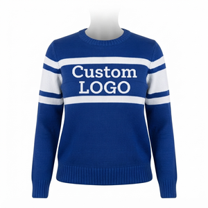 <b>Custom</b> Logo Blue White Striped Knit Crew Neck Sweater <b>Custom</b> Embroidery Pullover Wholesale - Product Image 5