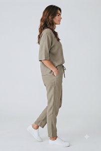 Ensemble 2 pièces en coton tissé extensible pour femme, haut à col rond et pantalon, coupe ample, couleur unie, longueur complète, respirant, avec poches, pour usage quotidien - Product Image 3