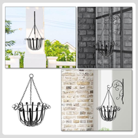 Support de suspension élégant en métal noir pour pot de fleurs avec accents décoratifs en spirale, chaîne à trois points et base de support pour balcon et jardin