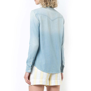 Chemisier en jean tissé à manches larges pour femme, col Johnny, boutonné, ourlet asymétrique, style décontracté, écologique, tendance automne - Product Image 5