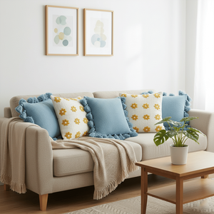 Juego de 5 Fundas de Almohada SOGA Azul Cielo Retro con Diseño de Margaritas, Texturizadas con Adorno de Pompones para Decoración del Hogar - Product Image 2