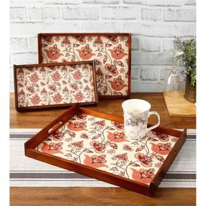 Handmade Wooden <b>Serving</b> Tray <b>Set</b> with Mosaic Tile Print | Decorative Nesting Trays for Home Decor & Kitchen Rustic Ottoman Tray - Product Image 4