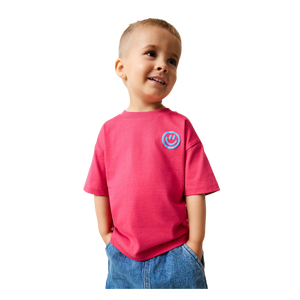 T-shirt rose à col rond et manches courtes avec logo bleu, coupe classique, couleur unie, en jersey tricoté pour enfants - Product Image 3