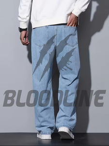 Men's Wide Leg <b>Bleach</b> Stone Wash Denim Jeans Loose Fit Plus Size Casual Cotton Midweight Woven Button Fly Vintage Fashion - Product Image 4