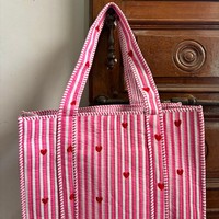 Sac fourre-tout en toile rayée style bohème vintage pour femme avec fermeture éclair imprimée cœur, style preppy, toutes saisons, sac de shopping