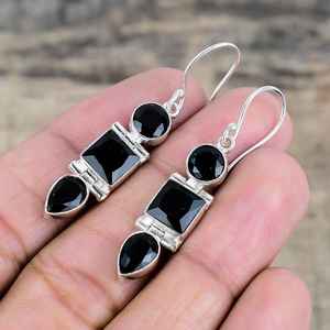 Boucles d'oreilles pendantes de luxe en spinelle noire simple, en argent sterling 925, faites à la main, cadeau de fête et de Nouvel An pour femme - Product Image 5