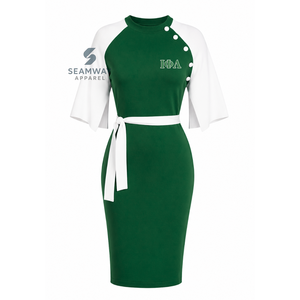 Iota Phi Lambda Women's Green And <b>White</b> Contrast Color Block Bodycon Midi Dress <b>Cape</b> Sleeve Button Detail Waist Tie Fitted Dress - Product Image 1