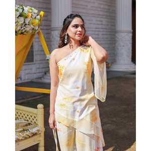 Conjunto de Kurta de Chifón Amarillo Tulipán con un Hombro Descubierto, Transpirable, para Primavera/Verano, Talla XS, Ropa Casual para Mujer - Product Image 1