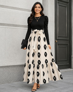 Vestido negro de manga larga para mujer con falda con estampado geométrico color crema, estilo étnico, ropa informal de primavera y verano - Product Image 4